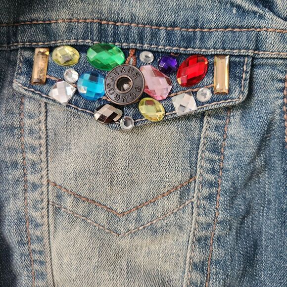 Bongo Rhinestone Pocket Vest Women XL Embellished Stretch Blue Denim Button Jean - Picture 8 of 11